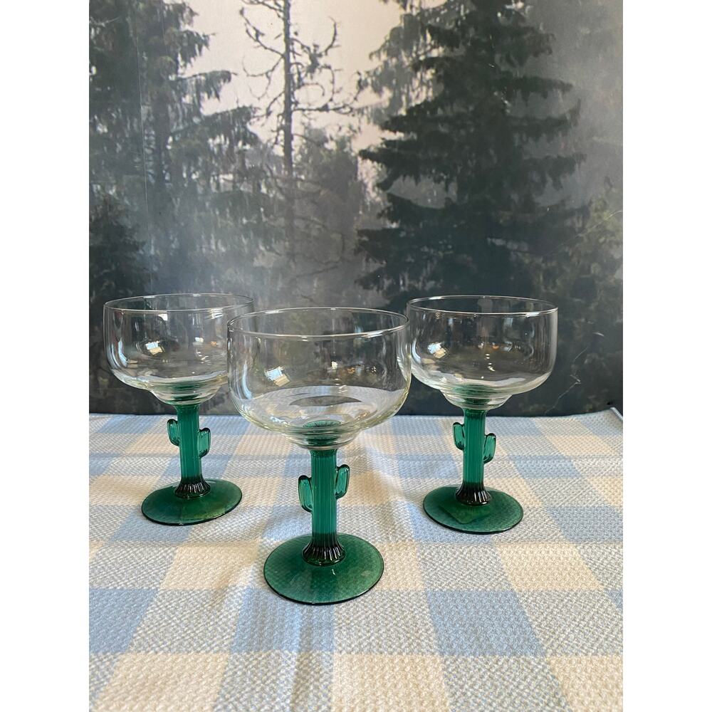 Vintage Libbey Cactus Margarita Glasses Set of 3 Saguaro Green Stem 12oz